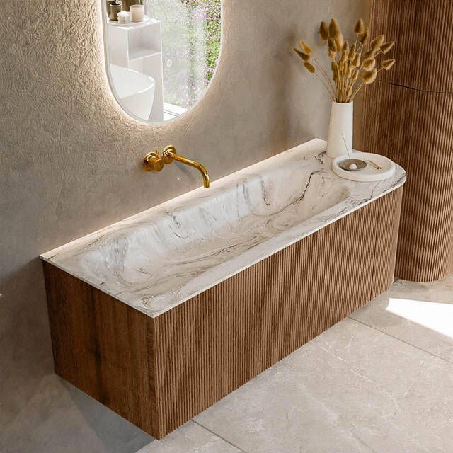 Mondiaz KURVE-DLUX 125cm badmeubel met module 25 R kleur Walnut met 1 lade en 1 deur. Wastafel BIG MEDIUM links zonder kraangat kleur Glace. KRVBGM125R1L1D0KL-Wal Gla