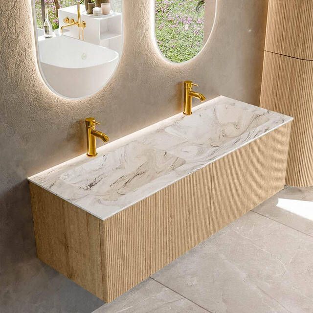 Mondiaz KURVE-DLUX 130 cm Onderkast Greeploos 2 Lades Zonder Deuren Oak Wastafel Solid Surface Dubbel Glace 2 Kraangaten Zonder Spiegel (KRVLEA1302L0D2KD-Oak Gla)