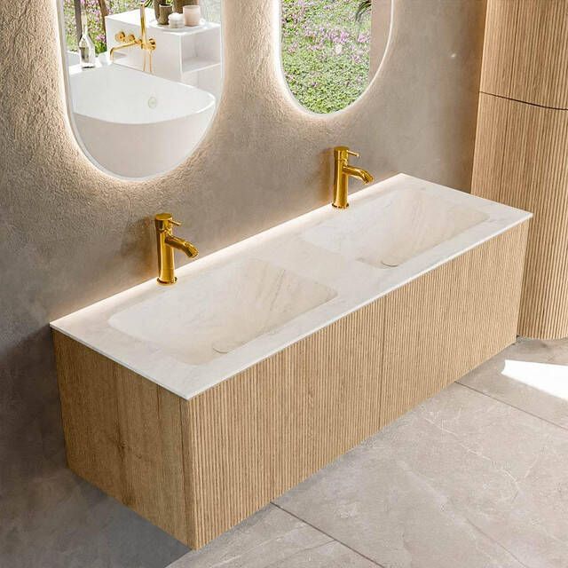 Mondiaz KURVE-DLUX 130 cm Onderkast Greeploos 2 Lades Zonder Deuren Oak Wastafel Solid Surface Dubbel Opalo 2 Kraangaten Zonder Spiegel (KRVLEA1302L0D2KD-Oak Opa)