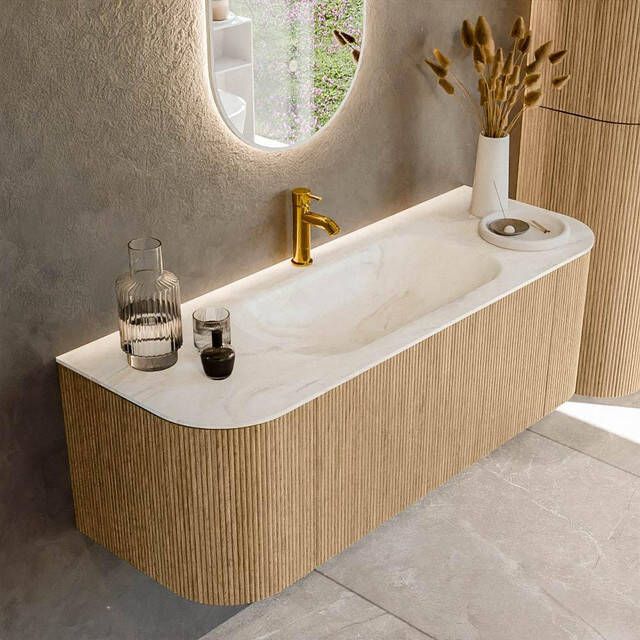 Mondiaz KURVE-DLUX 130cm badmeubel met module 25 Len R kleur Oak met 1 lade en 2 deuren. Wastafel BIG SMALL midden 1 kraangat kleur Ostra. KRVBGS130L+R1L2D1KM-Oak Ost