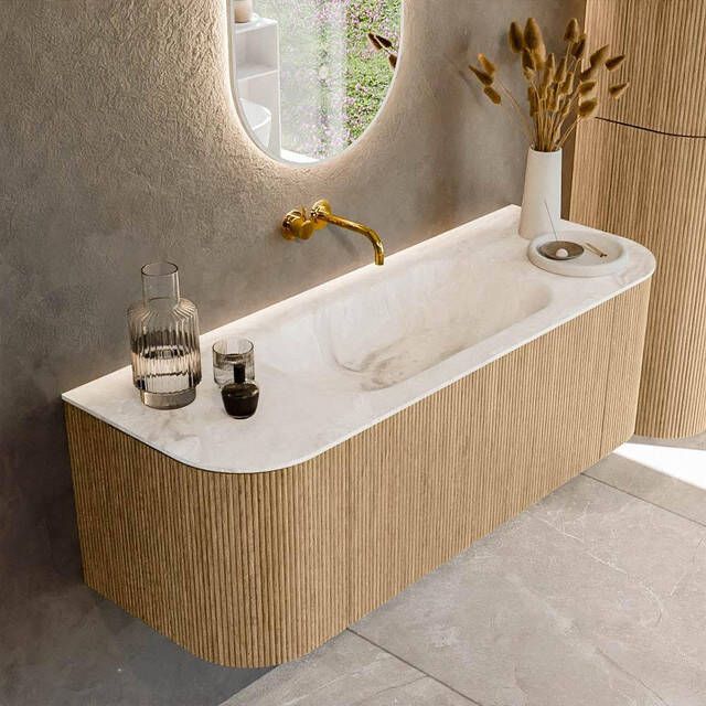 Mondiaz KURVE-DLUX 130cm badmeubel met module 25 Len R kleur Oak met 1 lade en 2 deuren. Wastafel BIG SMALL midden zonder kraangat kleur Frappe. KRVBGS130L+R1L2D0KM-Oak Fra