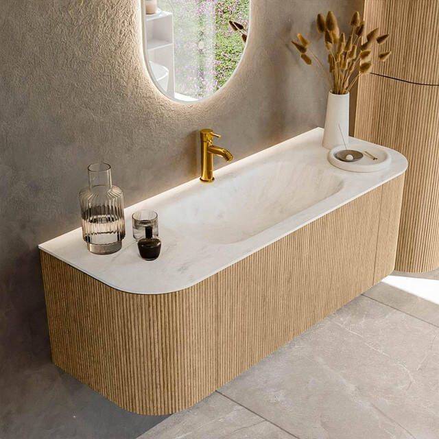 Mondiaz KURVE-DLUX 130cm badmeubel met module 25 Len R kleur Oak met 1 lade en 2 deuren. Wastafel BIG SMALL midden 1 kraangat kleur Opalo. KRVBGS130L+R1L2D1KM-Oak Opa