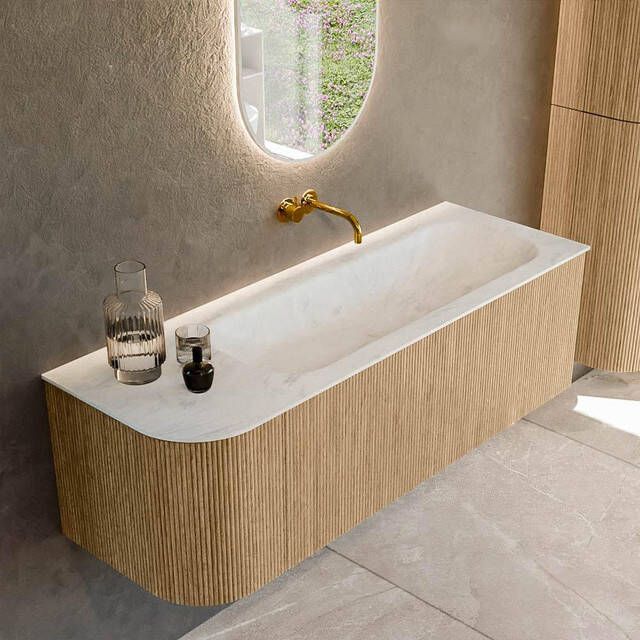 Mondiaz KURVE-DLUX 135cm badmeubel met module 25 L kleur Oak met 1 lade en 1 deur. Wastafel BIG MEDIUM rechts zonder kraangat kleur Opalo. KRVBGM135L1L1D0KR-Oak Opa
