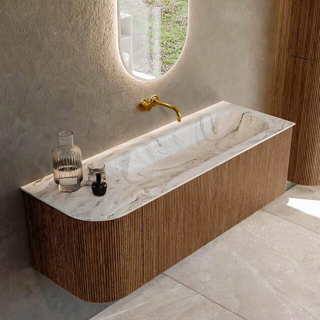 Mondiaz KURVE-DLUX 135cm badmeubel met module 25 L kleur Walnut met 1 lade en 1 deur. Wastafel BIG MEDIUM rechts zonder kraangat kleur Glace. KRVBGM135L1L1D0KR-Wal Gla