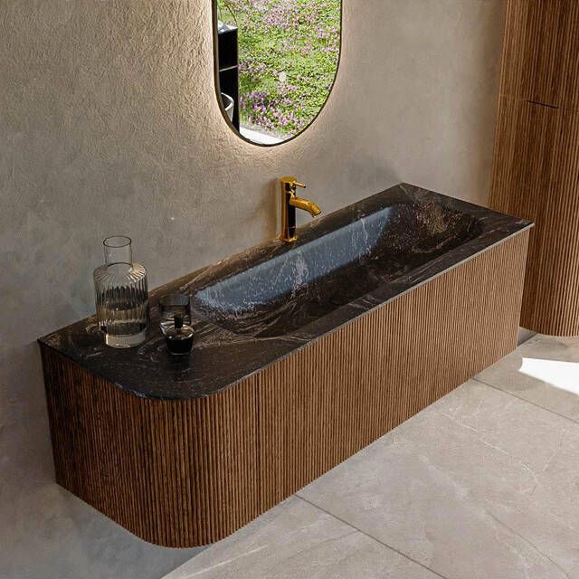 Mondiaz KURVE-DLUX 135cm badmeubel met module 25 L kleur Walnut met 1 lade en 1 deur. Wastafel BIG MEDIUM rechts 1 kraangat kleur Lava. KRVBGM135L1L1D1KR-Wal Lav