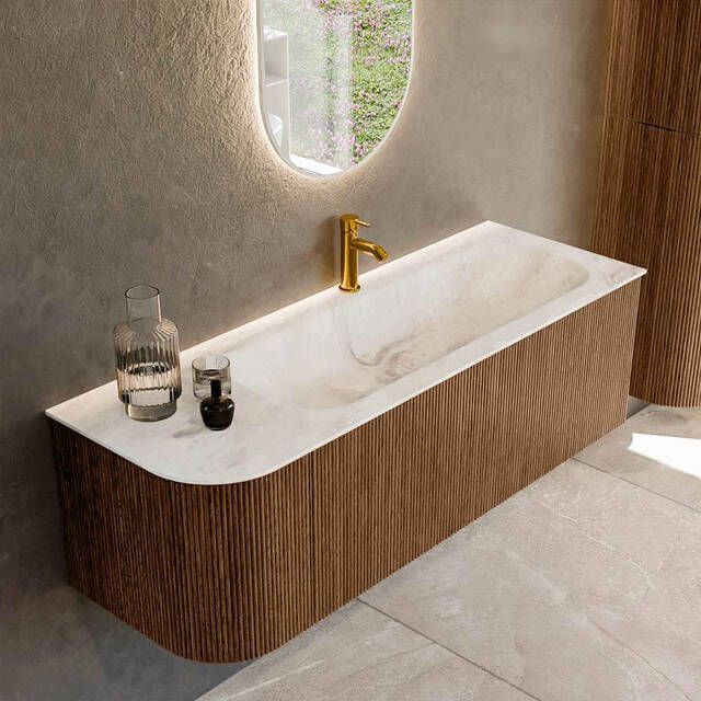 Mondiaz KURVE-DLUX 135cm badmeubel met module 25 L kleur Walnut met 1 lade en 1 deur. Wastafel BIG MEDIUM rechts 1 kraangat kleur Frappe. KRVBGM135L1L1D1KR-Wal Fra