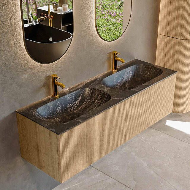 Mondiaz KURVE-DLUX 140 cm Onderkast Greeploos 2 Lades Zonder Deuren Oak Wastafel Solid Surface Dubbel Lava 2 Kraangaten Zonder Spiegel (KRVSTS1402L0D2KD-Oak Lav)