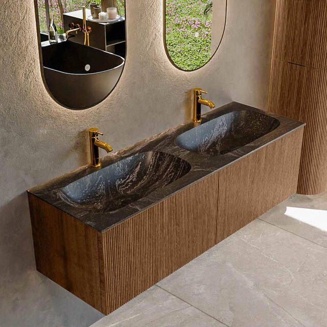 Mondiaz KURVE-DLUX 140 cm Onderkast Greeploos 2 Lades Zonder Deuren Walnut Wastafel Solid Surface Dubbel Lava 2 Kraangaten Zonder Spiegel (KRVSTS1402L0D2KD-Wal Lav)