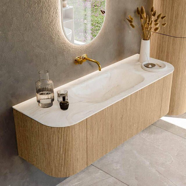 Mondiaz KURVE-DLUX 140cm badmeubel met module 25 Len R kleur Oak met 1 lade en 2 deuren. Wastafel BIG SMALL midden zonder kraangat kleur Ostra. KRVBGS140L+R1L2D0KM-Oak Ost