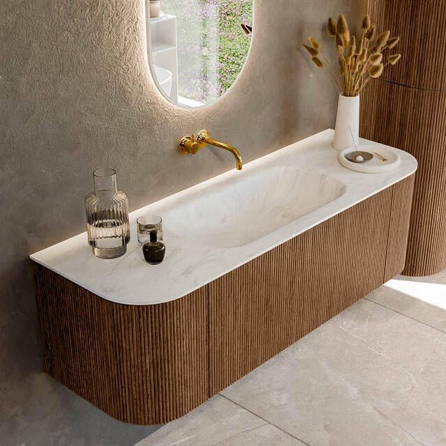 Mondiaz KURVE-DLUX 140cm badmeubel met module 25 Len R kleur Walnut met 1 lade en 2 deuren. Wastafel BIG SMALL midden zonder kraangat kleur Opalo. KRVBGS140L+R1L2D0KM-Wal Opa