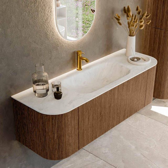 Mondiaz KURVE-DLUX 140cm badmeubel met module 25 Len R kleur Walnut met 1 lade en 2 deuren. Wastafel BIG SMALL midden 1 kraangat kleur Opalo. KRVBGS140L+R1L2D1KM-Wal Opa