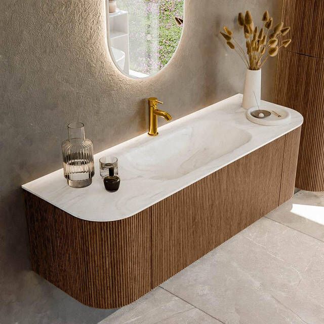 Mondiaz KURVE-DLUX 140cm badmeubel met module 25 Len R kleur Walnut met 1 lade en 2 deuren. Wastafel BIG SMALL midden 1 kraangat kleur Ostra. KRVBGS140L+R1L2D1KM-Wal Ost