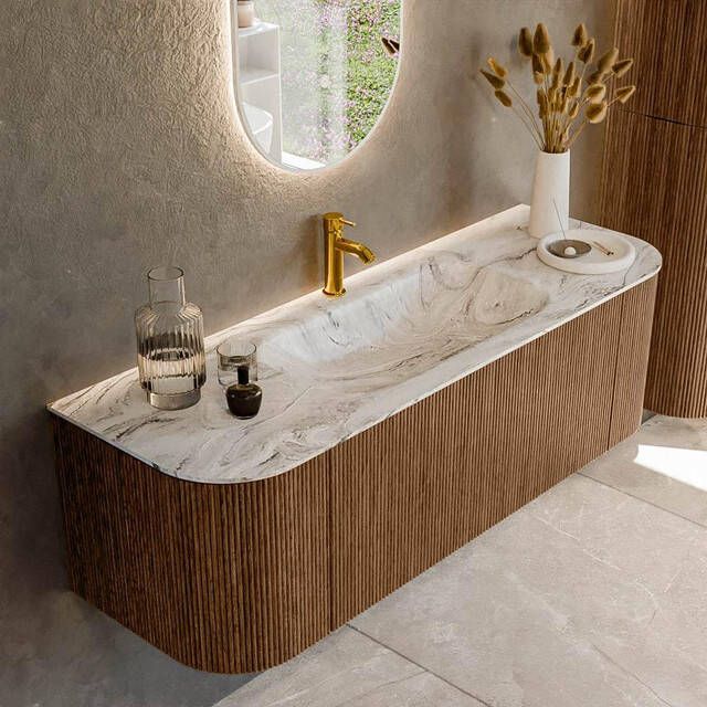 Mondiaz KURVE-DLUX 140cm badmeubel met module 25 Len R kleur Walnut met 1 lade en 2 deuren. Wastafel BIG SMALL midden 1 kraangat kleur Glace. KRVBGS140L+R1L2D1KM-Wal Gla