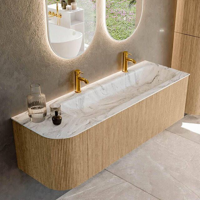Mondiaz KURVE-DLUX 145cm badmeubel met module 25 L kleur Oak met 1 lade en 1 deur. Wastafel BIG LARGE rechts 2 kraangaten kleur Glace. KRVBGL145L1L1D2KR-Oak Gla