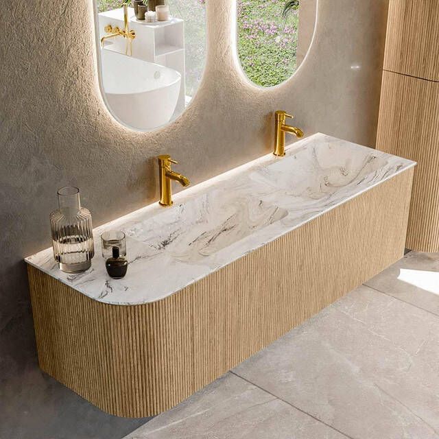 Mondiaz KURVE-DLUX 145cm badmeubel met module 25 L kleur Oak met 1 lade en 1 deur. Wastafel LEAF dubbel rechts 2 kraangaten kleur Glace. KRVLEA145L1L1D2KD-Oak Gla