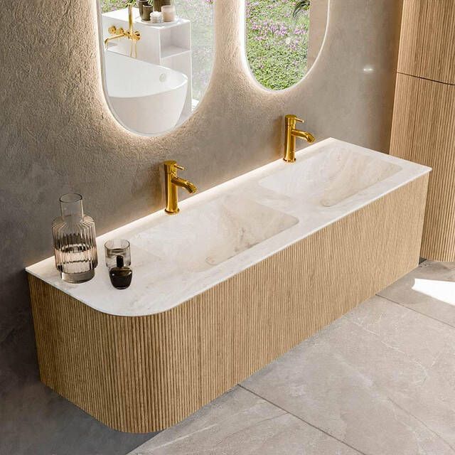 Mondiaz KURVE-DLUX 145cm badmeubel met module 25 L kleur Oak met 1 lade en 1 deur. Wastafel LEAF dubbel rechts 2 kraangaten kleur Frappe. KRVLEA145L1L1D2KD-Oak Fra