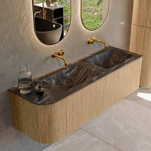 Mondiaz KURVE-DLUX 145cm badmeubel met module 25 L kleur Oak met 1 lade en 1 deur. Wastafel LEAF dubbel rechts zonder kraangat kleur Lava. KRVLEA145L1L1D0KD-Oak Lav