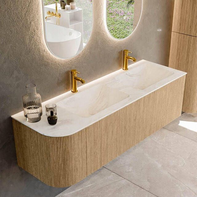 Mondiaz KURVE-DLUX 145cm badmeubel met module 25 L kleur Oak met 1 lade en 1 deur. Wastafel LEAF dubbel rechts 2 kraangaten kleur Ostra. KRVLEA145L1L1D2KD-Oak Ost
