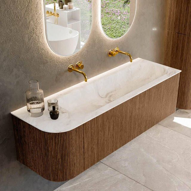 Mondiaz KURVE-DLUX 145cm badmeubel met module 25 L kleur Walnut met 1 lade en 1 deur. Wastafel BIG LARGE rechts zonder kraangat kleur Frappe. KRVBGL145L1L1D0KR-Wal Fra