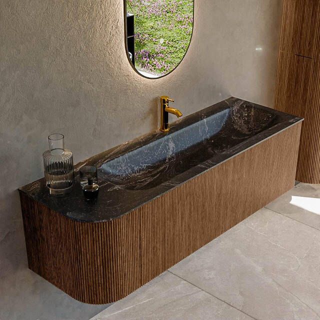 Mondiaz KURVE-DLUX 145cm badmeubel met module 25 L kleur Walnut met 1 lade en 1 deur. Wastafel BIG LARGE rechts 1 kraangat kleur Lava. KRVBGL145L1L1D1KR-Wal Lav