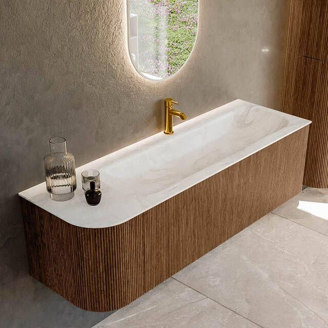 Mondiaz KURVE-DLUX 145cm badmeubel met module 25 L kleur Walnut met 1 lade en 1 deur. Wastafel BIG LARGE rechts 1 kraangat kleur Ostra. KRVBGL145L1L1D1KR-Wal Ost