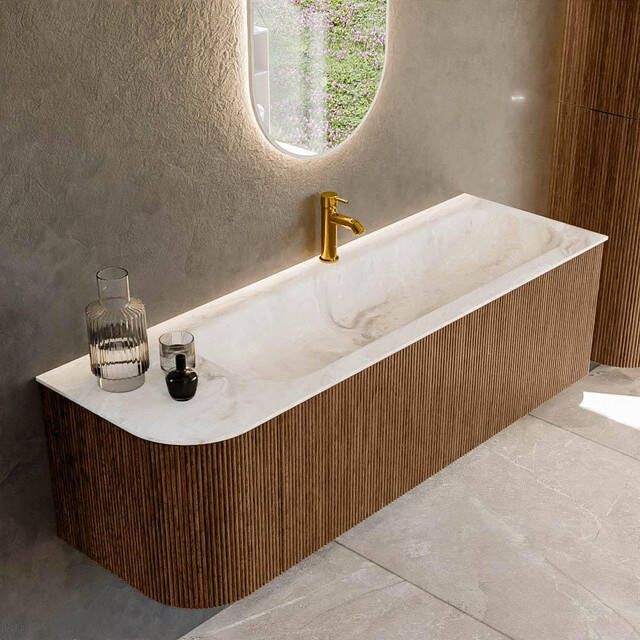 Mondiaz KURVE-DLUX 145cm badmeubel met module 25 L kleur Walnut met 1 lade en 1 deur. Wastafel BIG LARGE rechts 1 kraangat kleur Frappe. KRVBGL145L1L1D1KR-Wal Fra