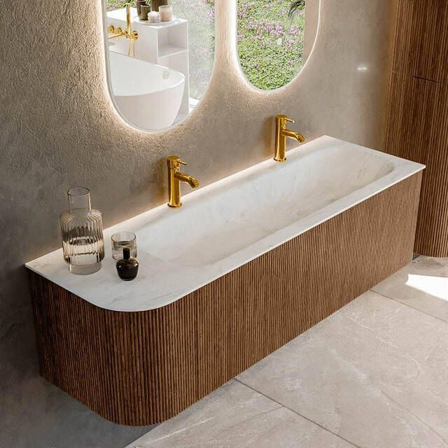 Mondiaz KURVE-DLUX 145cm badmeubel met module 25 L kleur Walnut met 1 lade en 1 deur. Wastafel BIG LARGE rechts 2 kraangaten kleur Opalo. KRVBGL145L1L1D2KR-Wal Opa