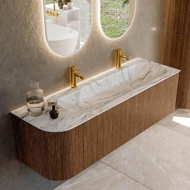 Mondiaz KURVE-DLUX 145cm badmeubel met module 25 L kleur Walnut met 1 lade en 1 deur. Wastafel BIG LARGE rechts 2 kraangaten kleur Glace. KRVBGL145L1L1D2KR-Wal Gla