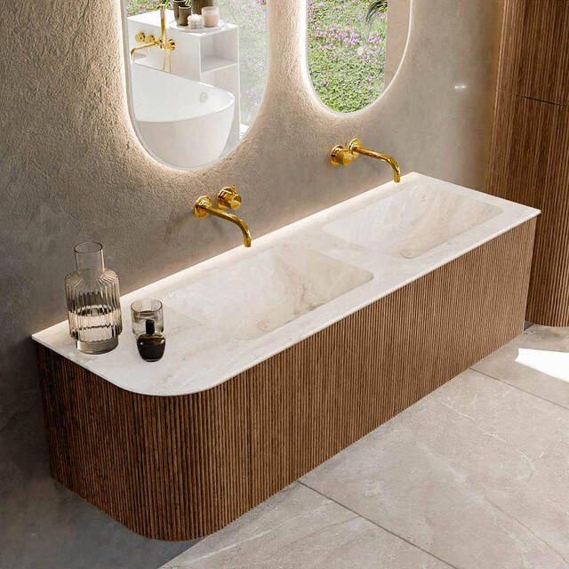Mondiaz KURVE-DLUX 145cm badmeubel met module 25 L kleur Walnut met 1 lade en 1 deur. Wastafel LEAF dubbel rechts zonder kraangat kleur Frappe. KRVLEA145L1L1D0KD-Wal Fra