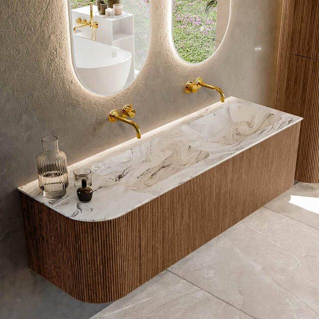 Mondiaz KURVE-DLUX 145cm badmeubel met module 25 L kleur Walnut met 1 lade en 1 deur. Wastafel LEAF dubbel rechts zonder kraangat kleur Glace. KRVLEA145L1L1D0KD-Wal Gla