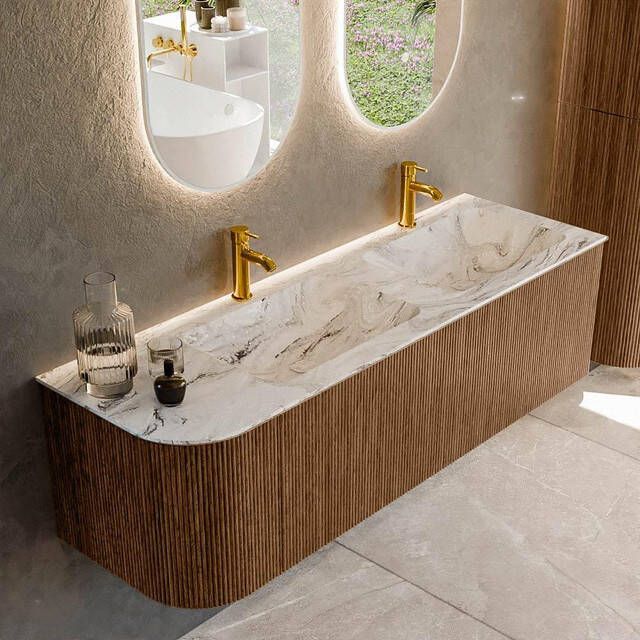 Mondiaz KURVE-DLUX 145cm badmeubel met module 25 L kleur Walnut met 1 lade en 1 deur. Wastafel LEAF dubbel rechts 2 kraangaten kleur Glace. KRVLEA145L1L1D2KD-Wal Gla