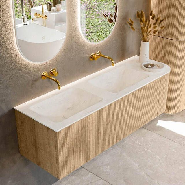 Mondiaz KURVE-DLUX 145cm badmeubel met module 25 R kleur Oak met 1 lade en 1 deur. Wastafel LEAF dubbel links zonder kraangat kleur Opalo. KRVLEA145R1L1D0KD-Oak Opa