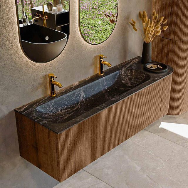 Mondiaz KURVE-DLUX 145cm badmeubel met module 25 R kleur Walnut met 1 lade en 1 deur. Wastafel BIG LARGE links 2 kraangaten kleur Lava. KRVBGL145R1L1D2KL-Wal Lav
