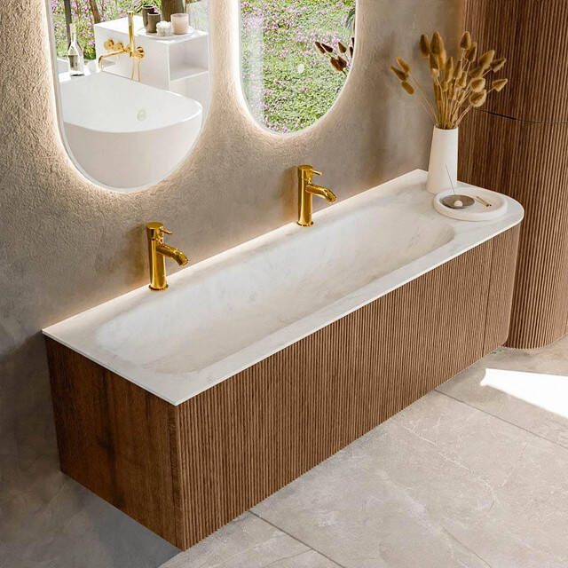 Mondiaz KURVE-DLUX 145cm badmeubel met module 25 R kleur Walnut met 1 lade en 1 deur. Wastafel BIG LARGE links 2 kraangaten kleur Opalo. KRVBGL145R1L1D2KL-Wal Opa