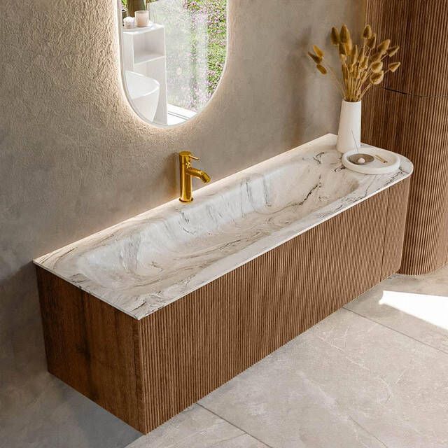 Mondiaz KURVE-DLUX 145cm badmeubel met module 25 R kleur Walnut met 1 lade en 1 deur. Wastafel BIG LARGE links 1 kraangat kleur Glace. KRVBGL145R1L1D1KL-Wal Gla