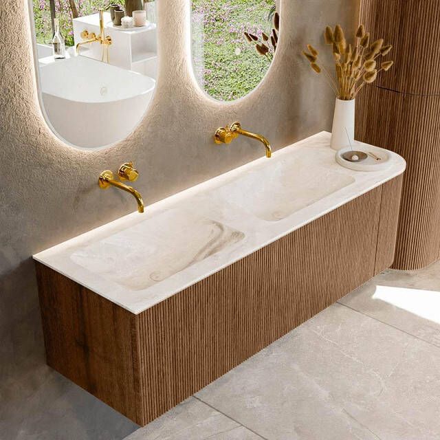 Mondiaz KURVE-DLUX 145cm badmeubel met module 25 R kleur Walnut met 1 lade en 1 deur. Wastafel LEAF dubbel links zonder kraangat kleur Frappe. KRVLEA145R1L1D0KD-Wal Fra