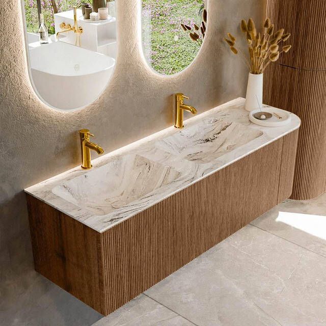 Mondiaz KURVE-DLUX 145cm badmeubel met module 25 R kleur Walnut met 1 lade en 1 deur. Wastafel LEAF dubbel links 2 kraangaten kleur Glace. KRVLEA145R1L1D2KD-Wal Gla