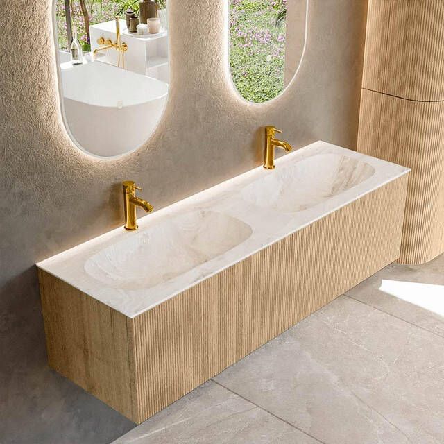 Mondiaz KURVE-DLUX 150 cm Onderkast Greeploos 2 Lades Zonder Deuren Oak Wastafel Solid Surface Dubbel Frappe 2 Kraangaten Zonder Spiegel (KRVSTS1502L0D2KD-Oak Fra)