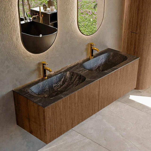 Mondiaz KURVE-DLUX 150 cm Onderkast Greeploos 2 Lades Zonder Deuren Walnut Wastafel Solid Surface Dubbel Lava 2 Kraangaten Zonder Spiegel (KRVSTS1502L0D2KD-Wal Lav)