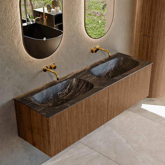 Mondiaz KURVE-DLUX 150 cm Onderkast Greeploos 2 Lades Zonder Deuren Walnut Wastafel Solid Surface Dubbel Lava 0 Kraangaten Zonder Spiegel (KRVSTS1502L0D0KD-Wal Lav)