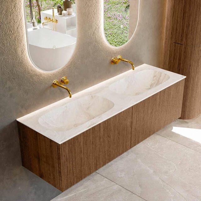 Mondiaz KURVE-DLUX 150 cm Onderkast Greeploos 2 Lades Zonder Deuren Walnut Wastafel Solid Surface Dubbel Frappe 0 Kraangaten Zonder Spiegel (KRVSTS1502L0D0KD-Wal Fra)