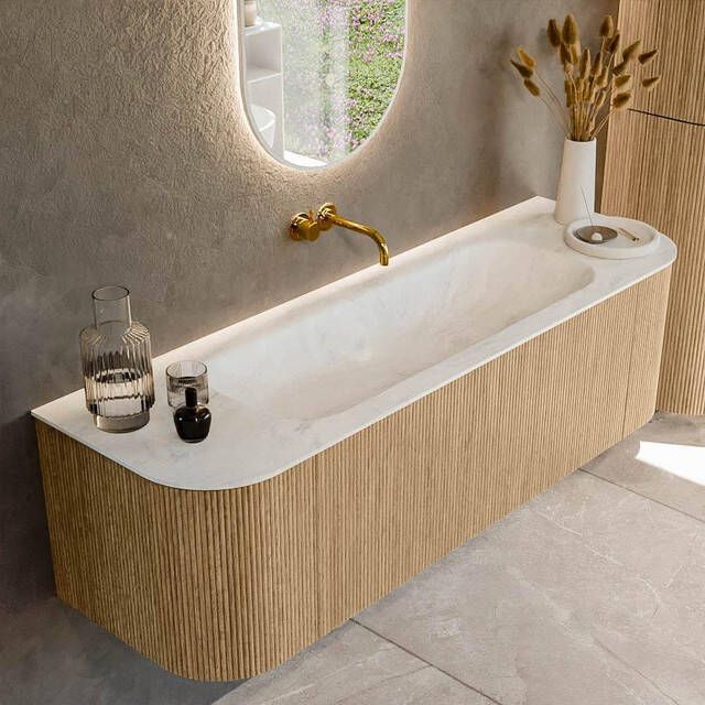 Mondiaz KURVE-DLUX 150cm badmeubel met module 25 Len R kleur Oak met 1 lade en 2 deuren. Wastafel BIG MEDIUM midden zonder kraangat kleur Opalo. KRVBGM150L+R1L2D0KM-Oak Opa