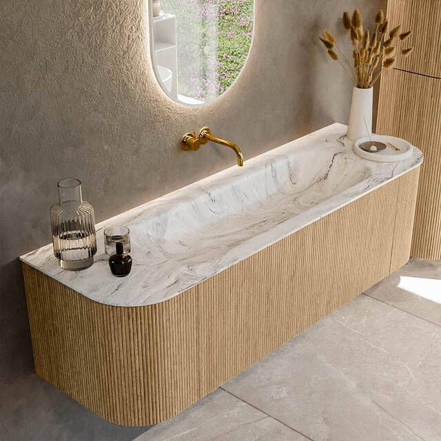 Mondiaz KURVE-DLUX 150cm badmeubel met module 25 Len R kleur Oak met 1 lade en 2 deuren. Wastafel BIG MEDIUM midden zonder kraangat kleur Glace. KRVBGM150L+R1L2D0KM-Oak Gla