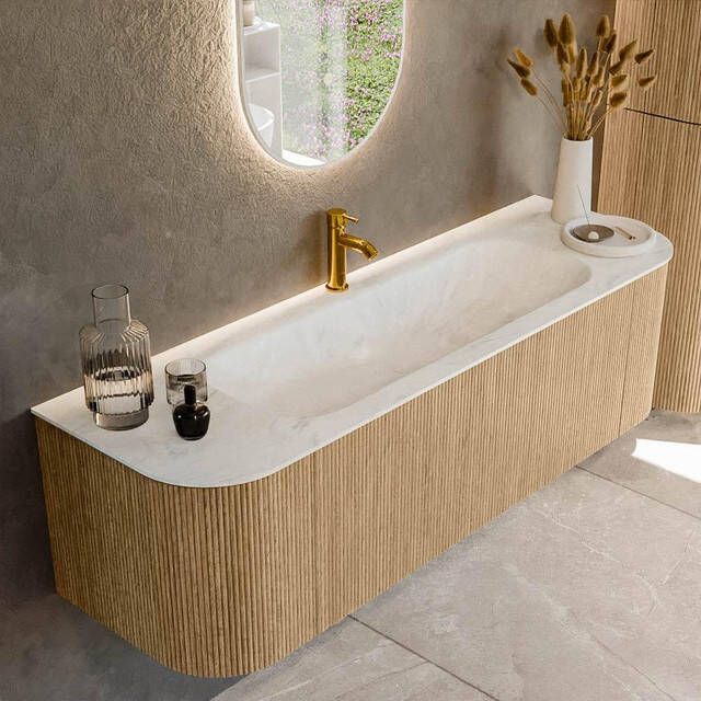 Mondiaz KURVE-DLUX 150cm badmeubel met module 25 Len R kleur Oak met 1 lade en 2 deuren. Wastafel BIG MEDIUM midden 1 kraangat kleur Opalo. KRVBGM150L+R1L2D1KM-Oak Opa