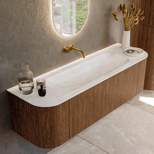 Mondiaz KURVE-DLUX 150cm badmeubel met module 25 Len R kleur Walnut met 1 lade en 2 deuren. Wastafel BIG MEDIUM midden zonder kraangat kleur Ostra. KRVBGM150L+R1L2D0KM-Wal Ost