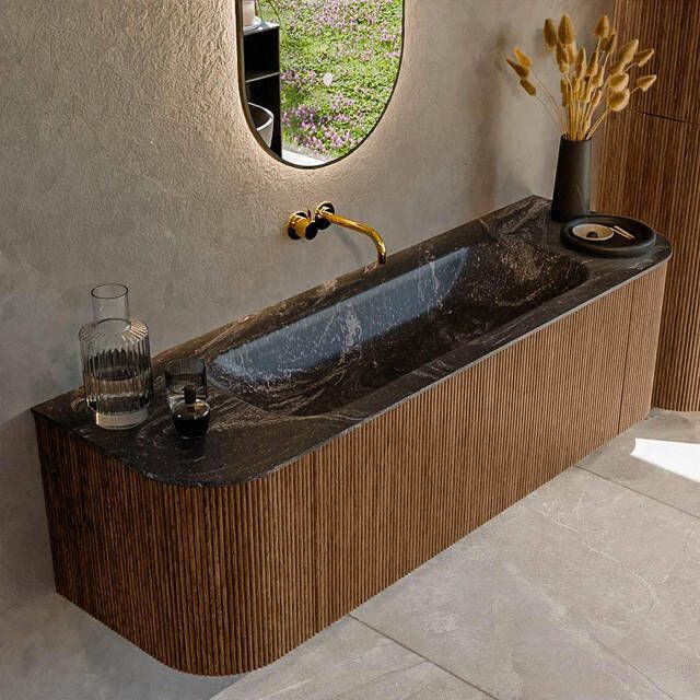 Mondiaz KURVE-DLUX 150cm badmeubel met module 25 Len R kleur Walnut met 1 lade en 2 deuren. Wastafel BIG MEDIUM midden zonder kraangat kleur Lava. KRVBGM150L+R1L2D0KM-Wal Lav