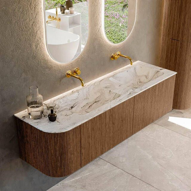 Mondiaz KURVE-DLUX 155cm badmeubel met module 25 L kleur Walnut met 2 lades en 1 deur. Wastafel LEAF dubbel rechts zonder kraangat kleur Glace. KRVLEA155L2L1D0KD-Wal Gla