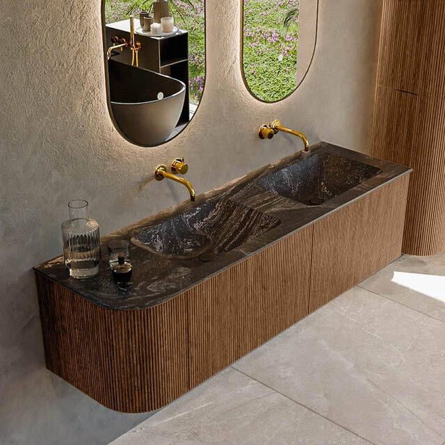 Mondiaz KURVE-DLUX 155cm badmeubel met module 25 L kleur Walnut met 2 lades en 1 deur. Wastafel LEAF dubbel rechts zonder kraangat kleur Lava. KRVLEA155L2L1D0KD-Wal Lav
