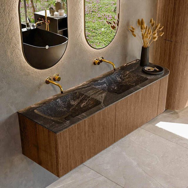Mondiaz KURVE-DLUX 155cm badmeubel met module 25 R kleur Walnut met 2 lades en 1 deur. Wastafel LEAF dubbel links zonder kraangat kleur Lava. KRVLEA155R2L1D0KD-Wal Lav