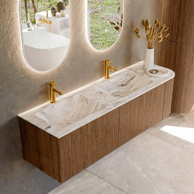 Mondiaz KURVE-DLUX 155cm badmeubel met module 25 R kleur Walnut met 2 lades en 1 deur. Wastafel LEAF dubbel links 2 kraangaten kleur Glace. KRVLEA155R2L1D2KD-Wal Gla